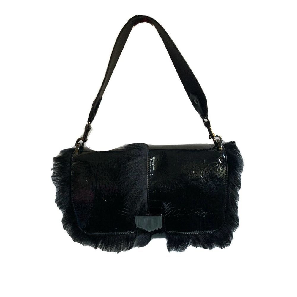 Jimmy Choo Women’s Black Fur “Lockett” Medium Patent Leather Shoulder Bag $2400